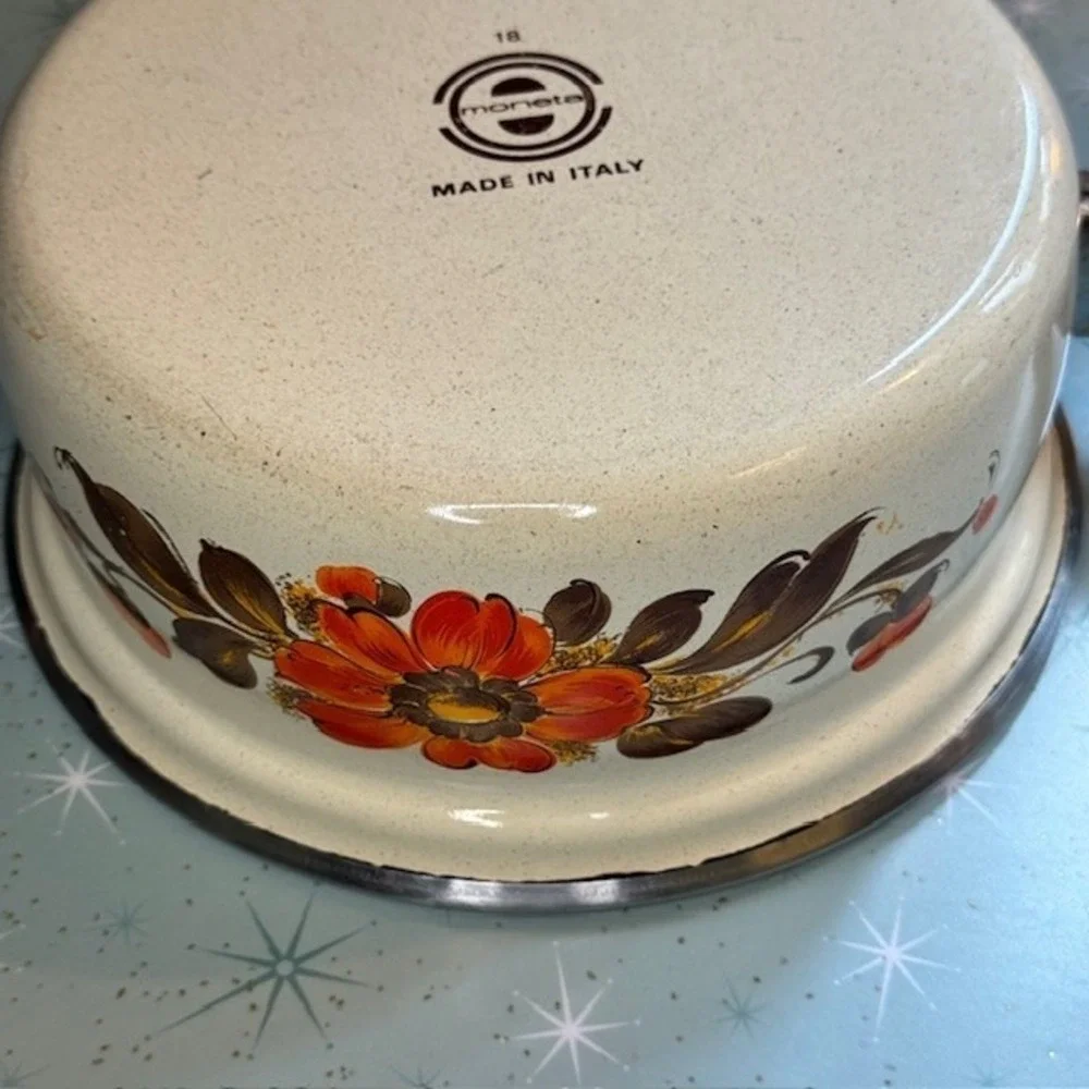 Vintage 1970s Moneta #18 Enamel Saucepan Pot Orange &‎ Brown Floral Boho Italy